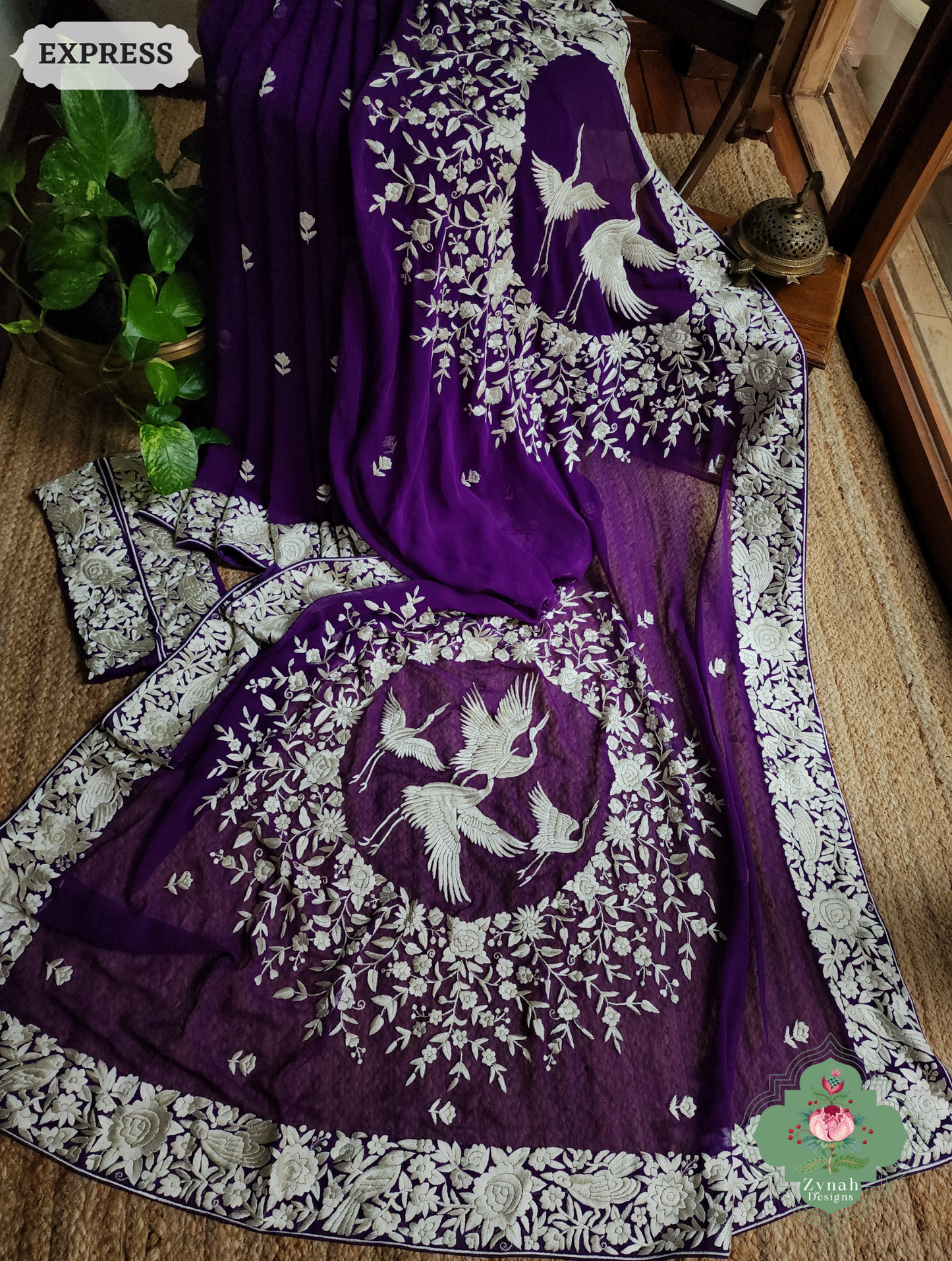 Zynah Nafees – Aubergine Pure Georgette Hand Embroidered Parsi Gara Saree with Crane Motifs