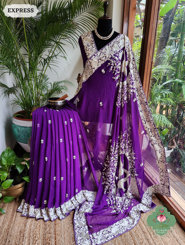 Zynah Aubergine Pure Georgette Hand Embroidered Authentic Parsi Gara Saree; Custom Stitched/Ready-made Blouse, Fall, Petticoat; SKU: 2008202508