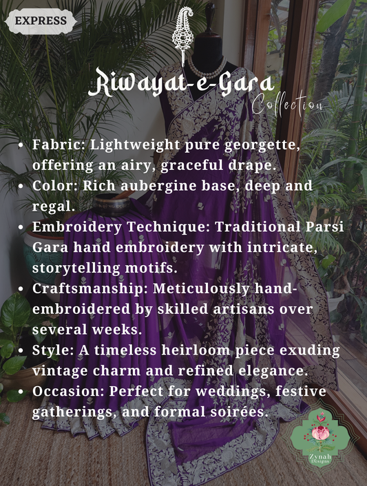 Zynah Nafees – Aubergine Pure Georgette Hand Embroidered Parsi Gara Saree with Crane Motifs