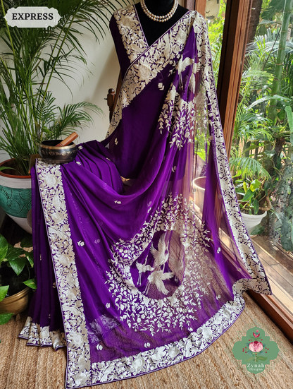 Zynah Nafees – Aubergine Pure Georgette Hand Embroidered Parsi Gara Saree with Crane Motifs