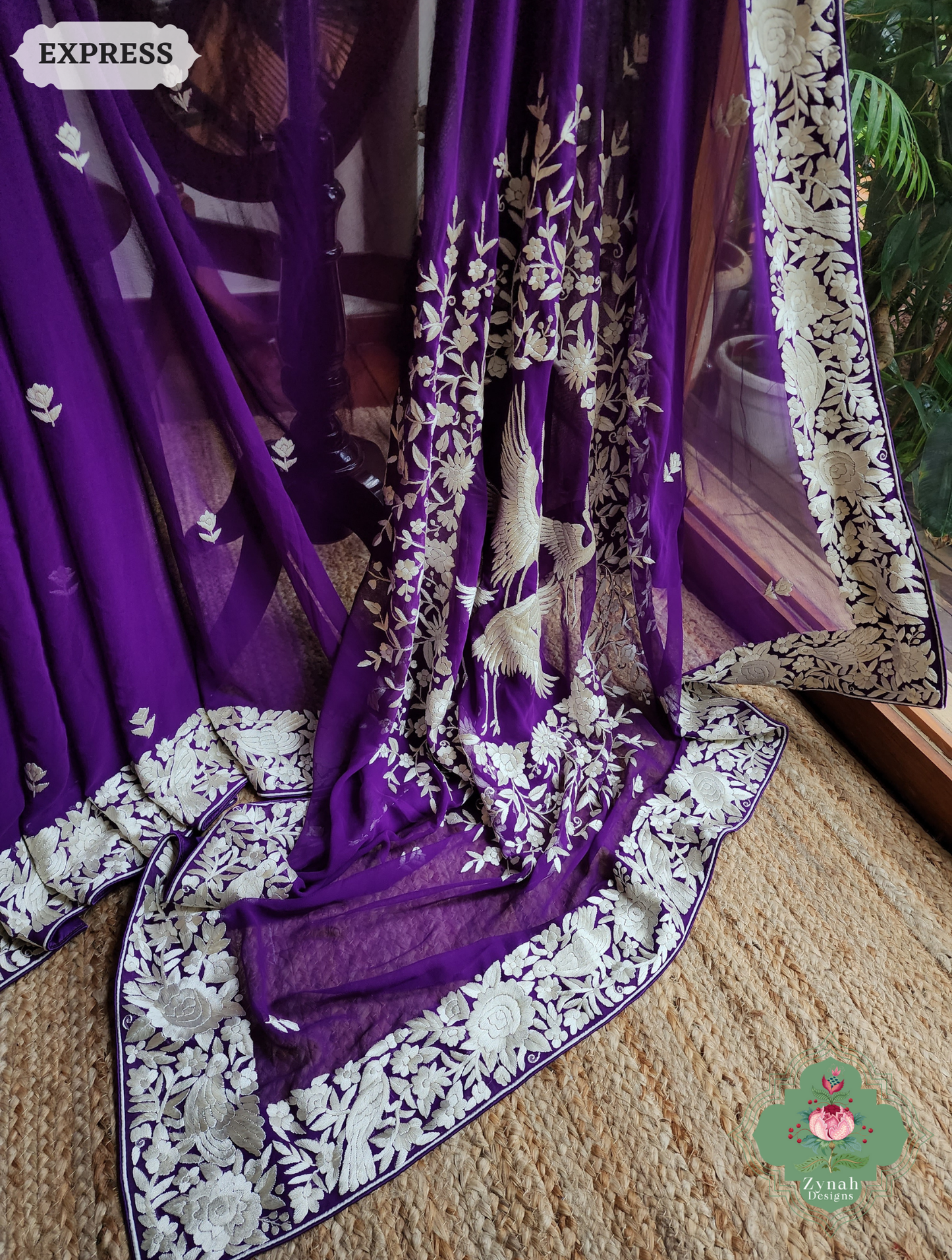 Zynah Nafees – Aubergine Pure Georgette Hand Embroidered Parsi Gara Saree with Crane Motifs