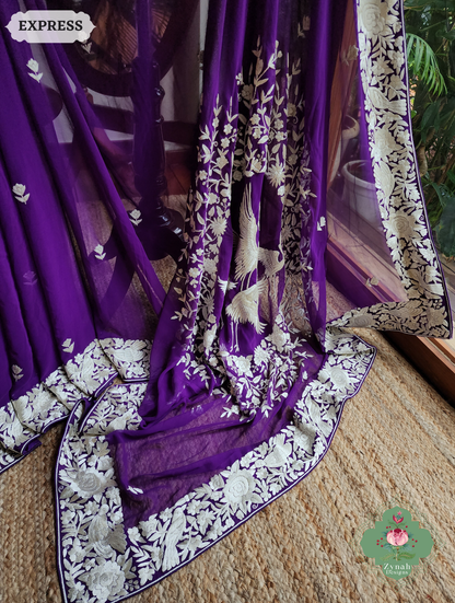 Zynah Nafees – Aubergine Pure Georgette Hand Embroidered Parsi Gara Saree with Crane Motifs