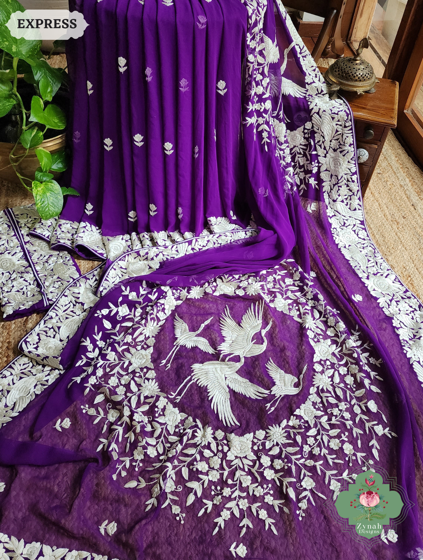 Zynah Nafees – Aubergine Pure Georgette Hand Embroidered Parsi Gara Saree with Crane Motifs