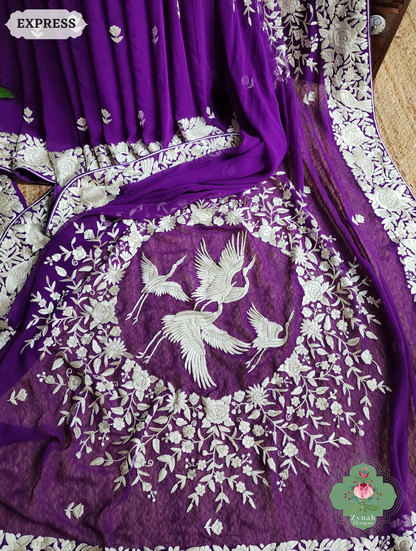 Zynah Nafees – Aubergine Pure Georgette Hand Embroidered Parsi Gara Saree with Crane Motifs