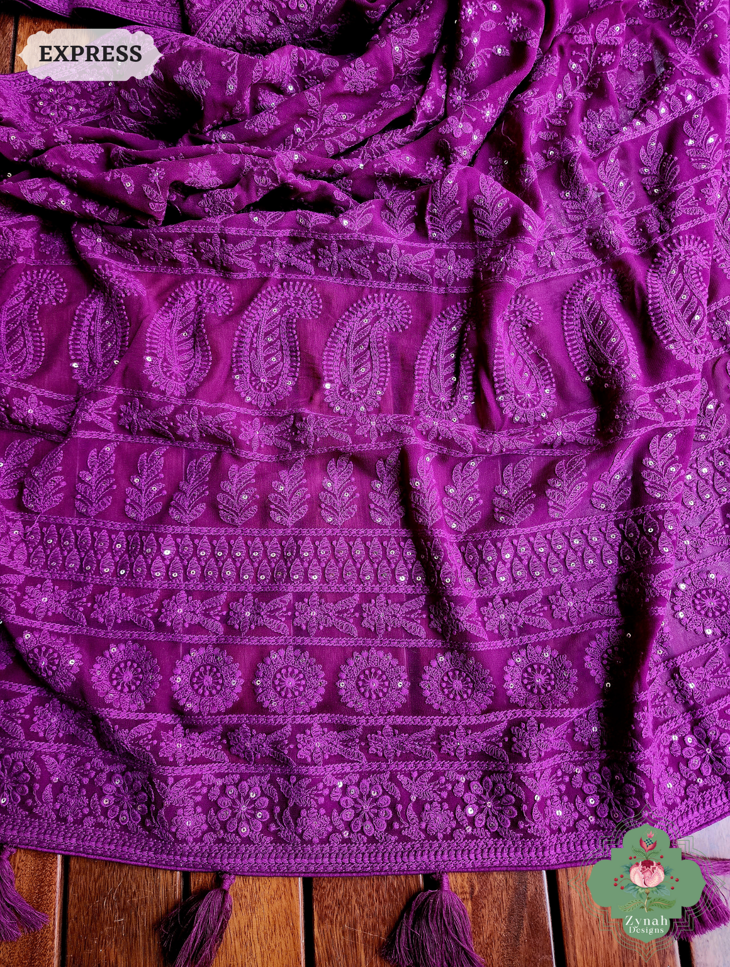 Aubergine Pure Georgette Saree with Chikankari Embroidery 10
