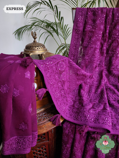 Aubergine Pure Georgette Saree with Chikankari Embroidery 3
