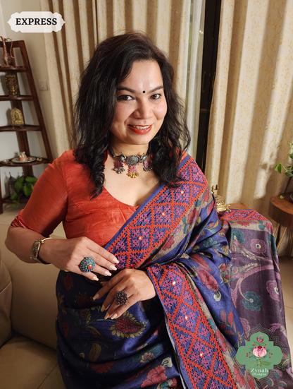 Zynah Aubergine Hand-Painted Tussar Silk Kalamkari Saree With Kutch Hand Embroidery; Custom Stitched/Ready-made Blouse, Fall, Petticoat; SKU: 2805202505
