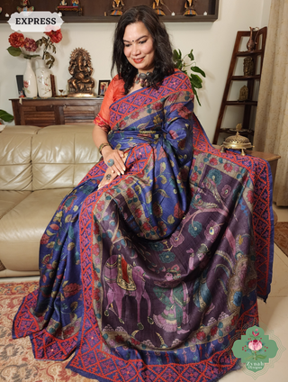 Zynah Aubergine Hand-Painted Tussar Silk Kalamkari Saree With Kutch Hand Embroidery; Custom Stitched/Ready-made Blouse, Fall, Petticoat; SKU: 2805202505