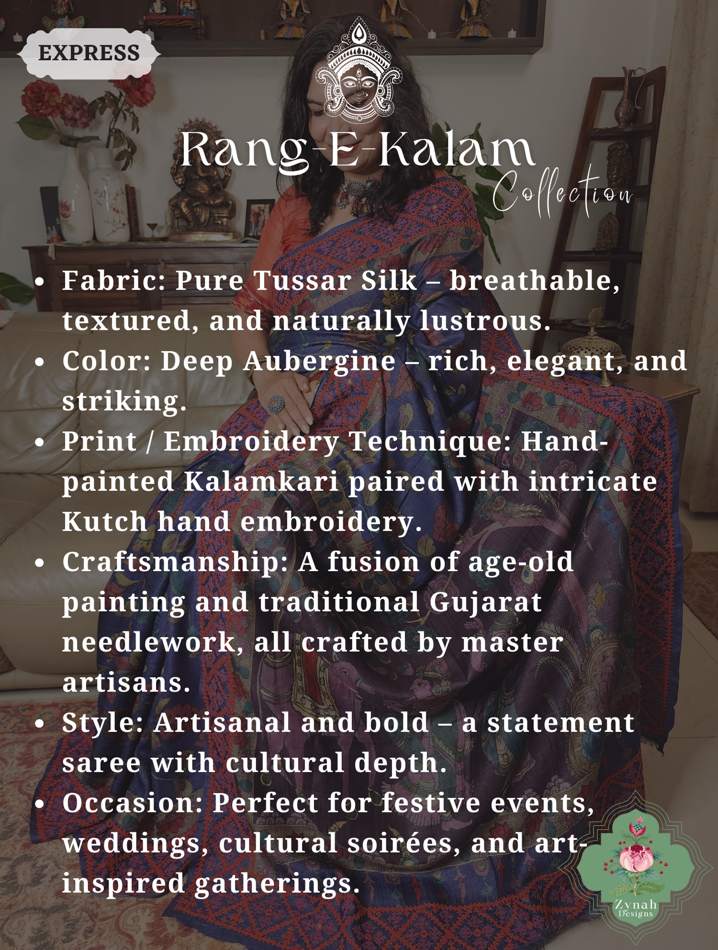 Zynah Aubergine Hand-Painted Tussar Silk Kalamkari Saree With Kutch Hand Embroidery; Custom Stitched/Ready-made Blouse, Fall, Petticoat; SKU: 2805202505
