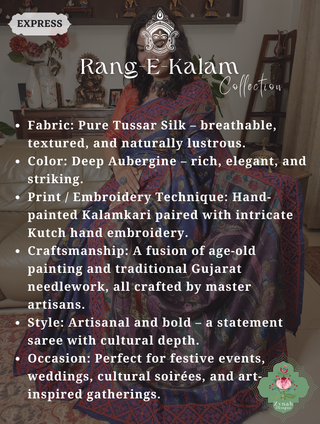 Zynah Aubergine Hand-Painted Tussar Silk Kalamkari Saree With Kutch Hand Embroidery; Custom Stitched/Ready-made Blouse, Fall, Petticoat; SKU: 2805202505
