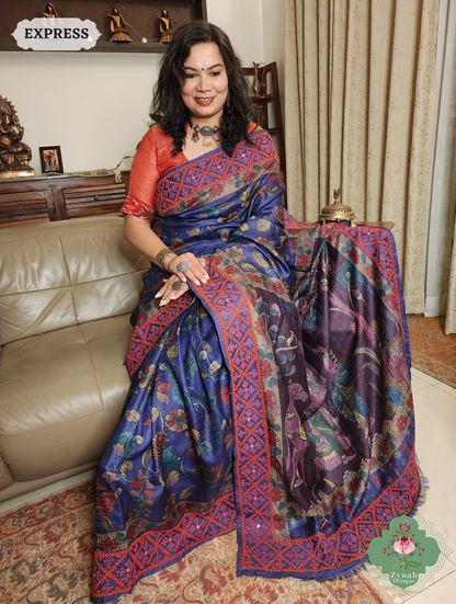 Zynah Aubergine Hand-Painted Tussar Silk Kalamkari Saree With Kutch Hand Embroidery; Custom Stitched/Ready-made Blouse, Fall, Petticoat; SKU: 2805202505