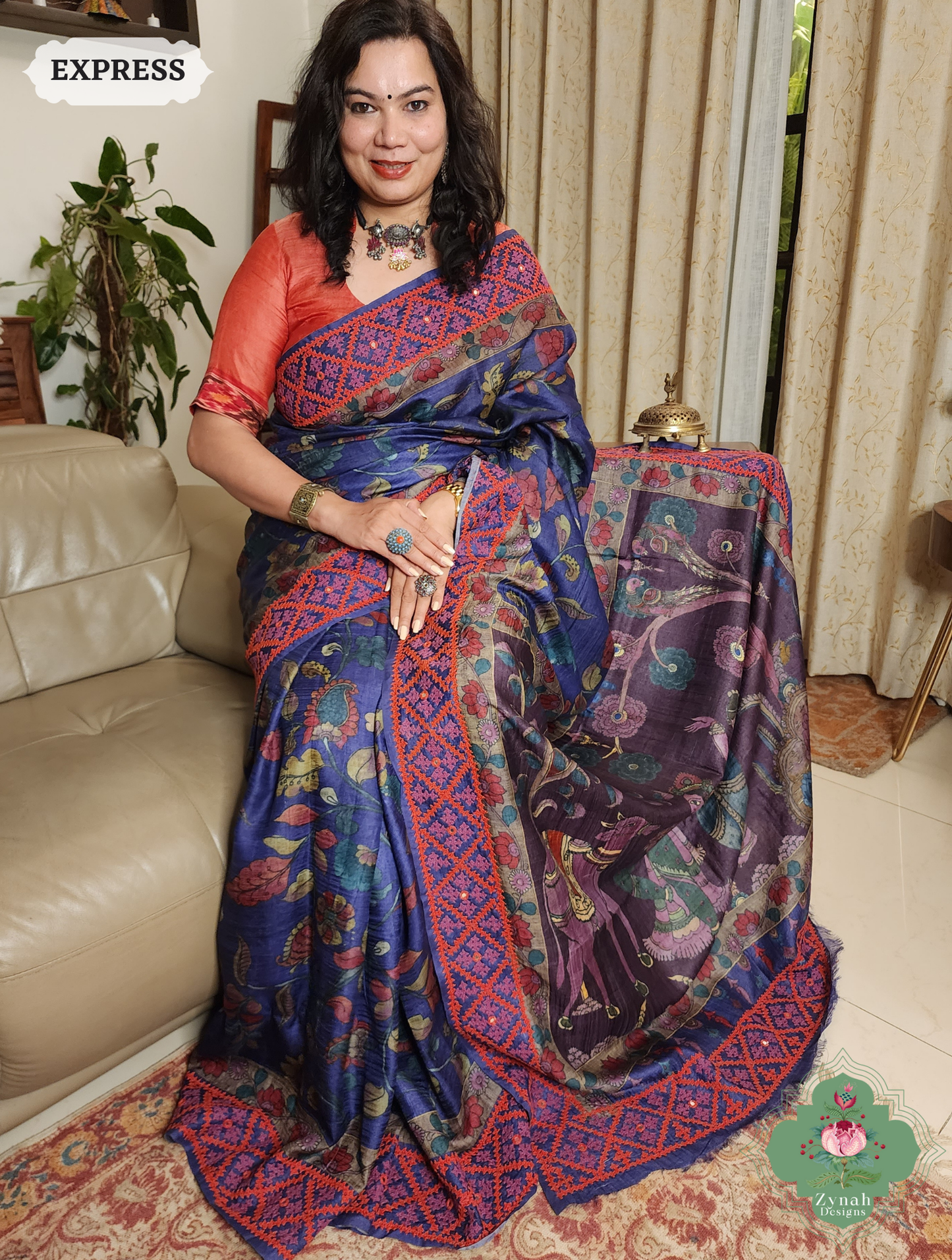 Zynah Aubergine Hand-Painted Tussar Silk Kalamkari Saree With Kutch Hand Embroidery; Custom Stitched/Ready-made Blouse, Fall, Petticoat; SKU: 2805202505