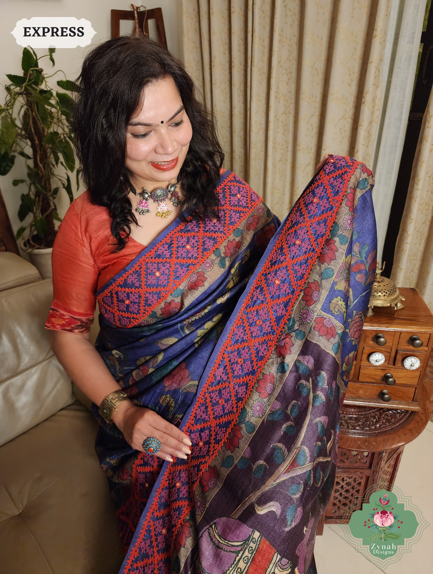 Zynah Aubergine Hand-Painted Tussar Silk Kalamkari Saree With Kutch Hand Embroidery; Custom Stitched/Ready-made Blouse, Fall, Petticoat; SKU: 2805202505