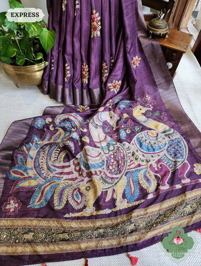 Zynah Aubergine Jute Linen Saree With Kalamkari Pallu, Kantha & Sequins Highlight & Frenchknot Hand Embroidery; Custom Stitched/Ready-made Blouse, Fall, Petticoat; SKU: 0609202403