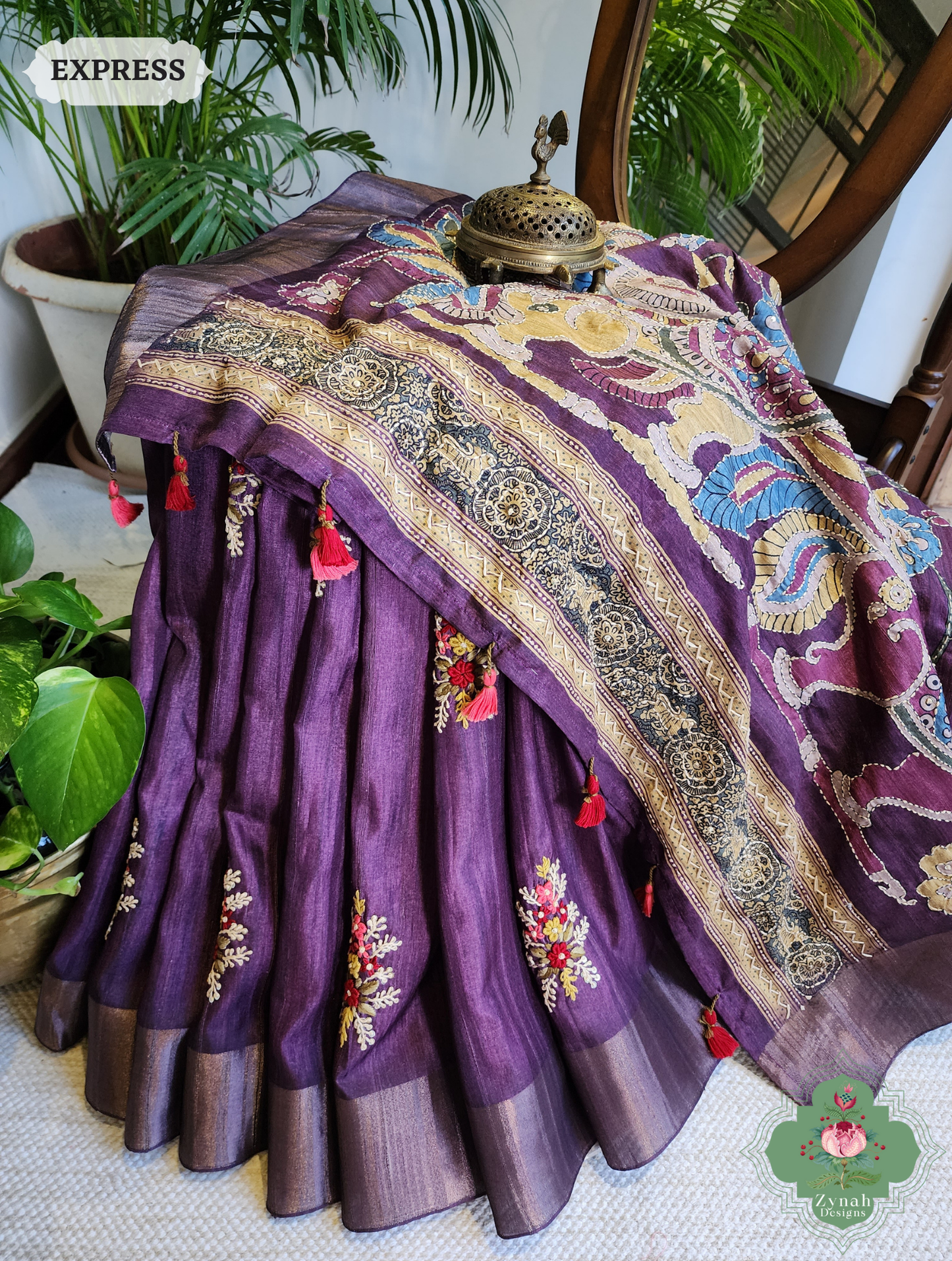 Zynah Aubergine Jute Linen Saree With Kalamkari Pallu, Kantha & Sequins Highlight & Frenchknot Hand Embroidery; Custom Stitched/Ready-made Blouse, Fall, Petticoat; SKU: 0609202403