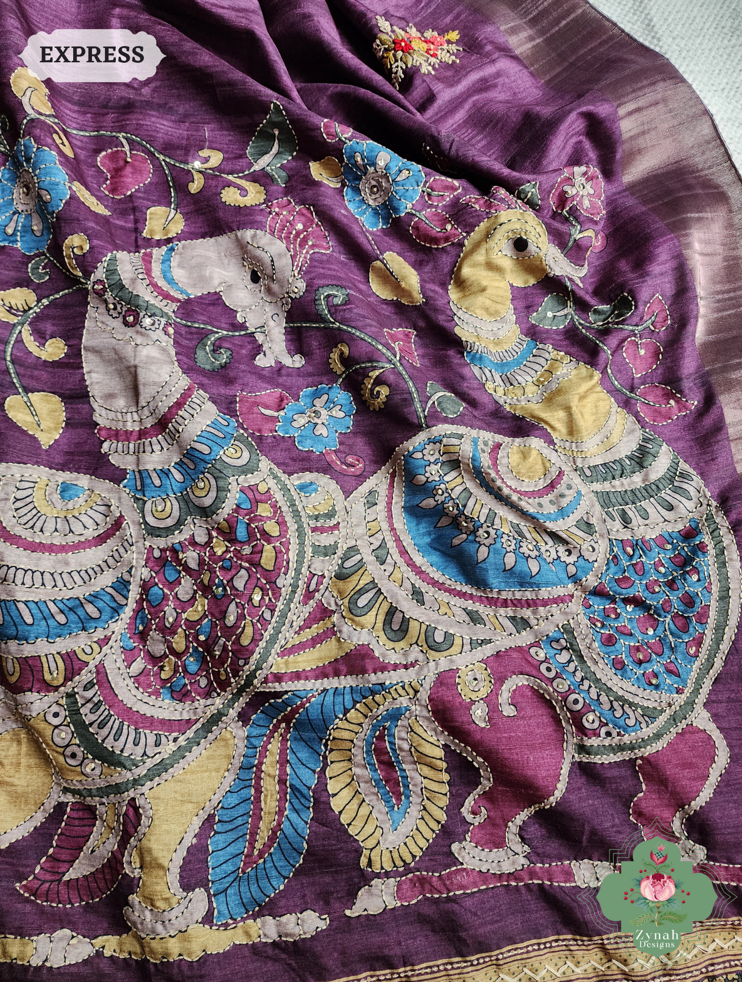 Zynah Aubergine Jute Linen Saree With Kalamkari Pallu, Kantha & Sequins Highlight & Frenchknot Hand Embroidery; Custom Stitched/Ready-made Blouse, Fall, Petticoat; SKU: 0609202403