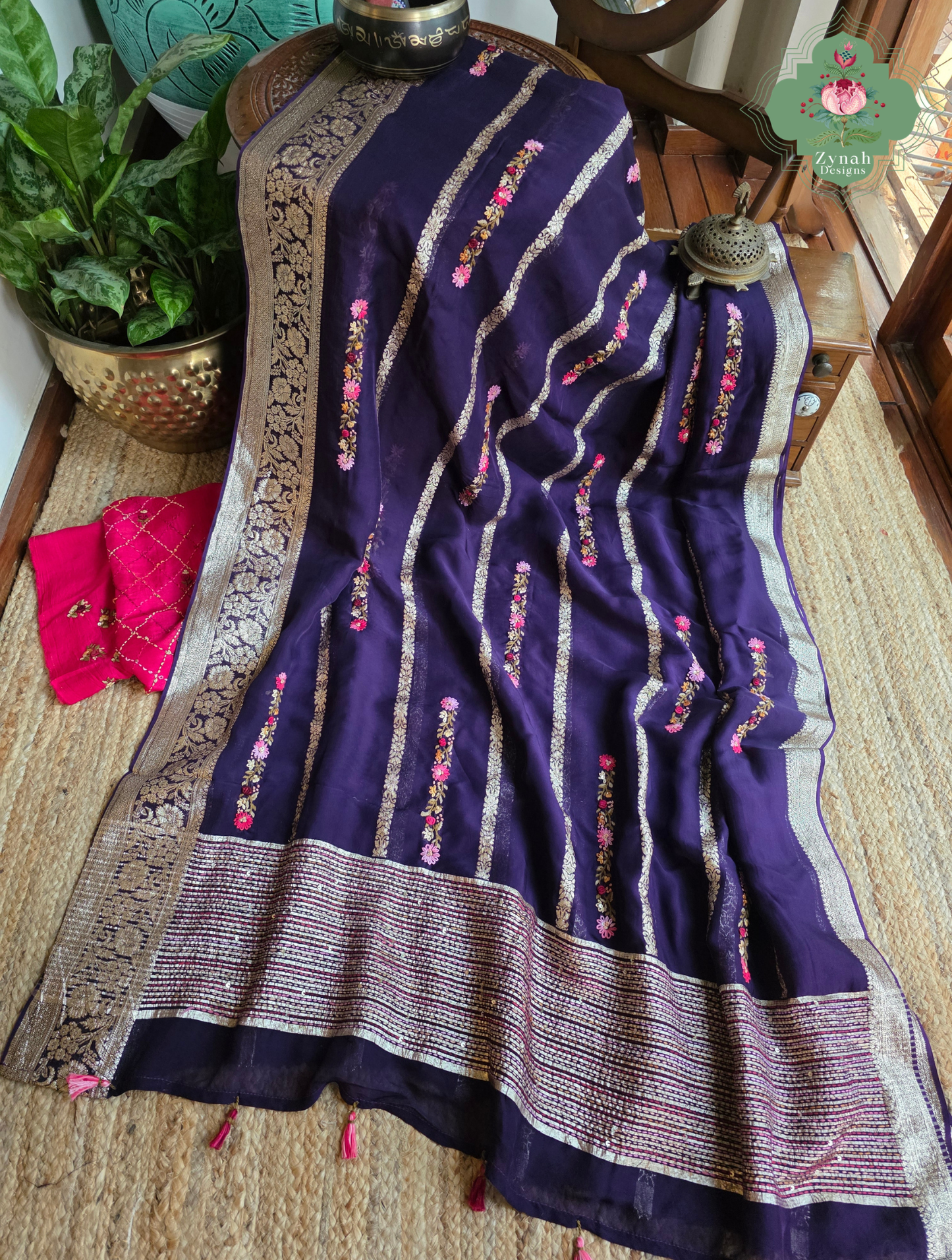 Zynah Aubergine Rêverie – Aubergine Organza Crepe Silk Saree with Zari Borders, Stripes & French Knot Hand Embroidery