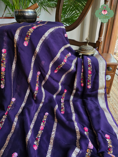 Zynah Aubergine Rêverie – Aubergine Organza Crepe Silk Saree with Zari Borders, Stripes & French Knot Hand Embroidery