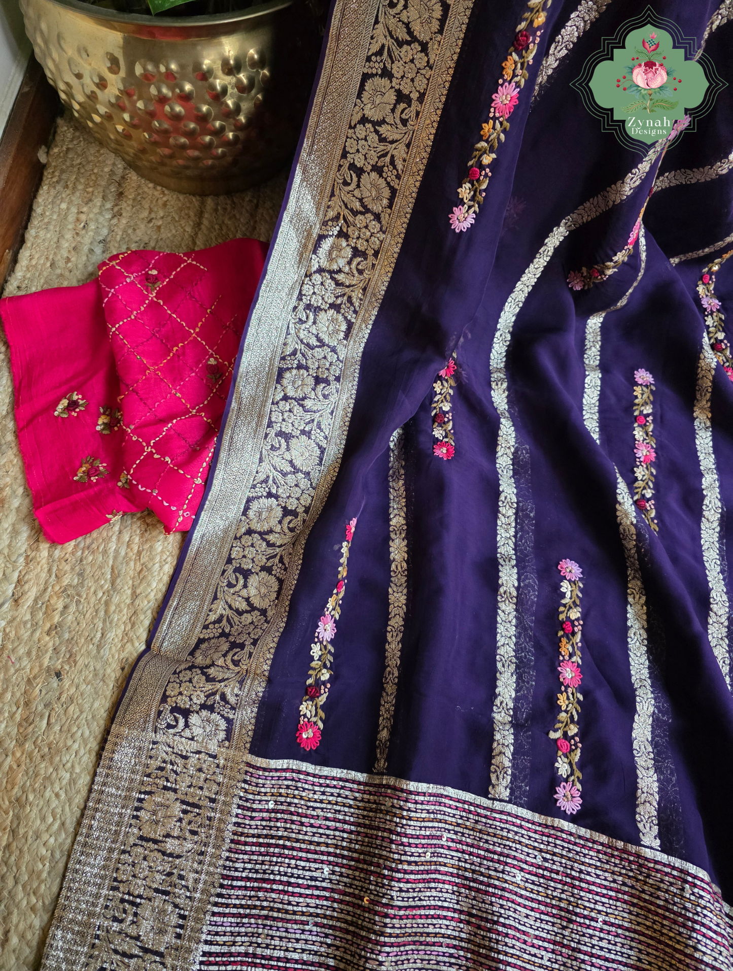Zynah Aubergine Rêverie – Aubergine Organza Crepe Silk Saree with Zari Borders, Stripes & French Knot Hand Embroidery