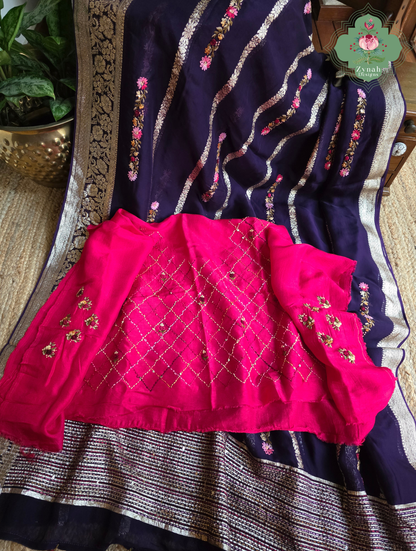 Zynah Aubergine Rêverie – Aubergine Organza Crepe Silk Saree with Zari Borders, Stripes & French Knot Hand Embroidery