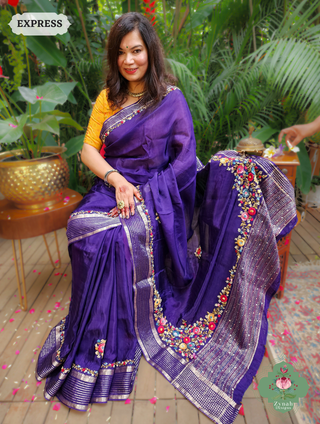 Aubergine Organza Crepe Silk Saree With Zari Borders & Stripes & French Knot Hand Embroidery 1