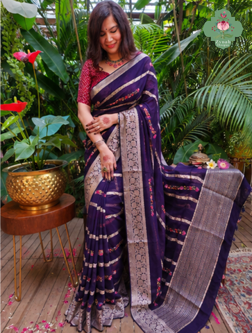 Zynah Aubergine Organza Crepe Silk Saree With Zari Borders & Stripes & French Knot Hand Embroidery; Custom Stitched/Ready-made Blouse, Fall, Petticoat; SKU: 1006202601