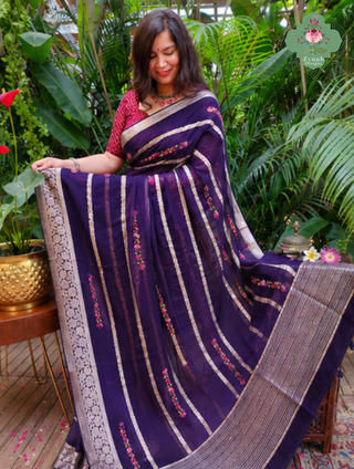 Zynah Aubergine Organza Crepe Silk Saree With Zari Borders & Stripes & French Knot Hand Embroidery; Custom Stitched/Ready-made Blouse, Fall, Petticoat; SKU: 1006202601