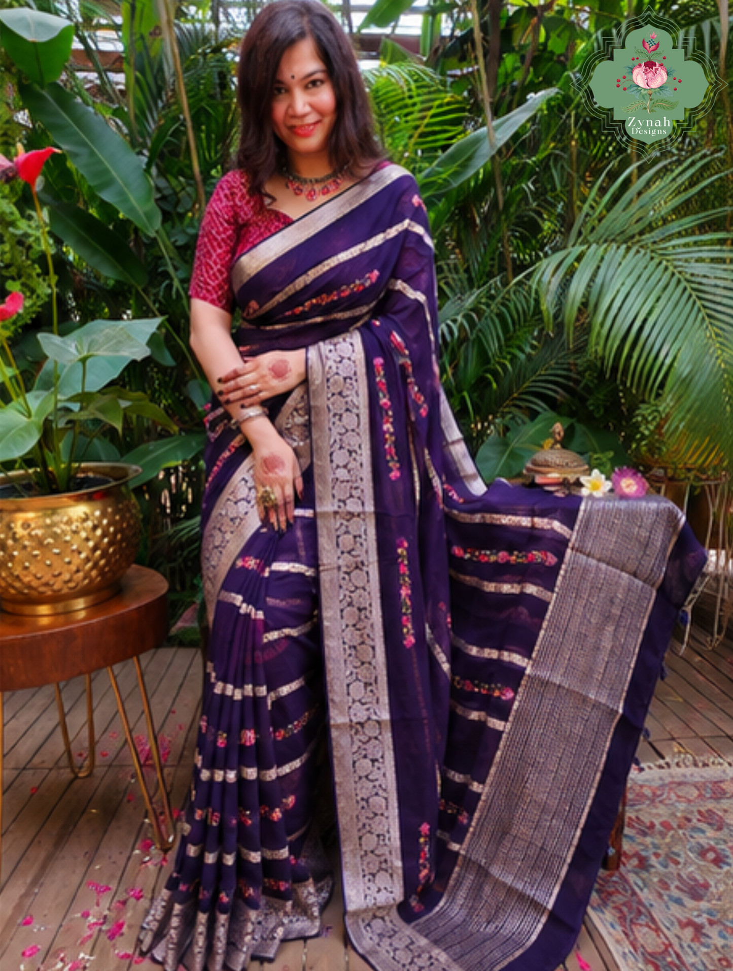 Zynah Aubergine Rêverie – Aubergine Organza Crepe Silk Saree with Zari Borders, Stripes & French Knot Hand Embroidery