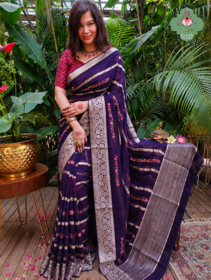Zynah Aubergine Rêverie – Aubergine Organza Crepe Silk Saree with Zari Borders, Stripes & French Knot Hand Embroidery
