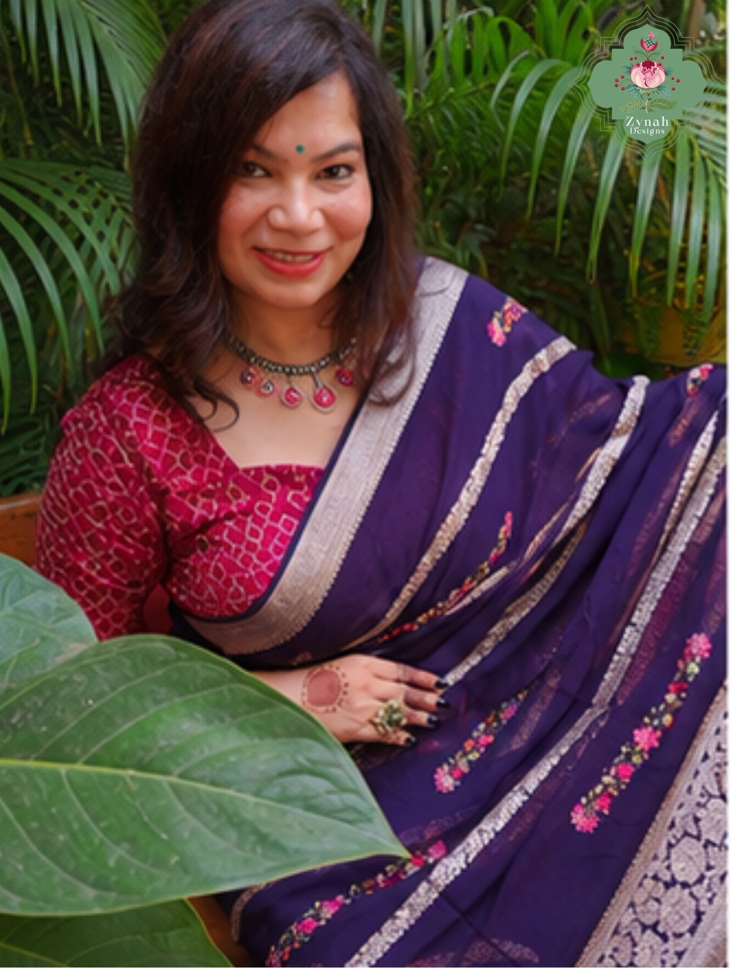 Zynah Aubergine Rêverie – Aubergine Organza Crepe Silk Saree with Zari Borders, Stripes & French Knot Hand Embroidery