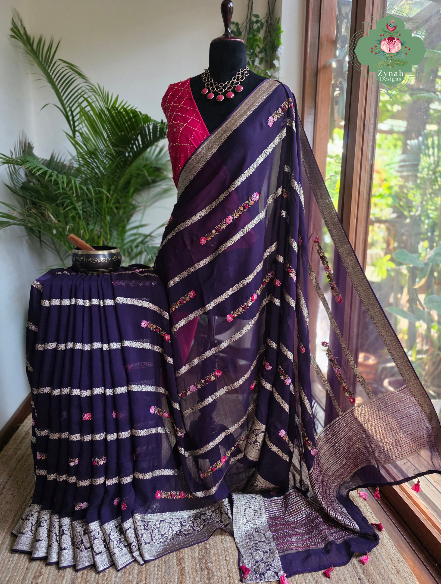 Zynah Aubergine Rêverie – Aubergine Organza Crepe Silk Saree with Zari Borders, Stripes & French Knot Hand Embroidery