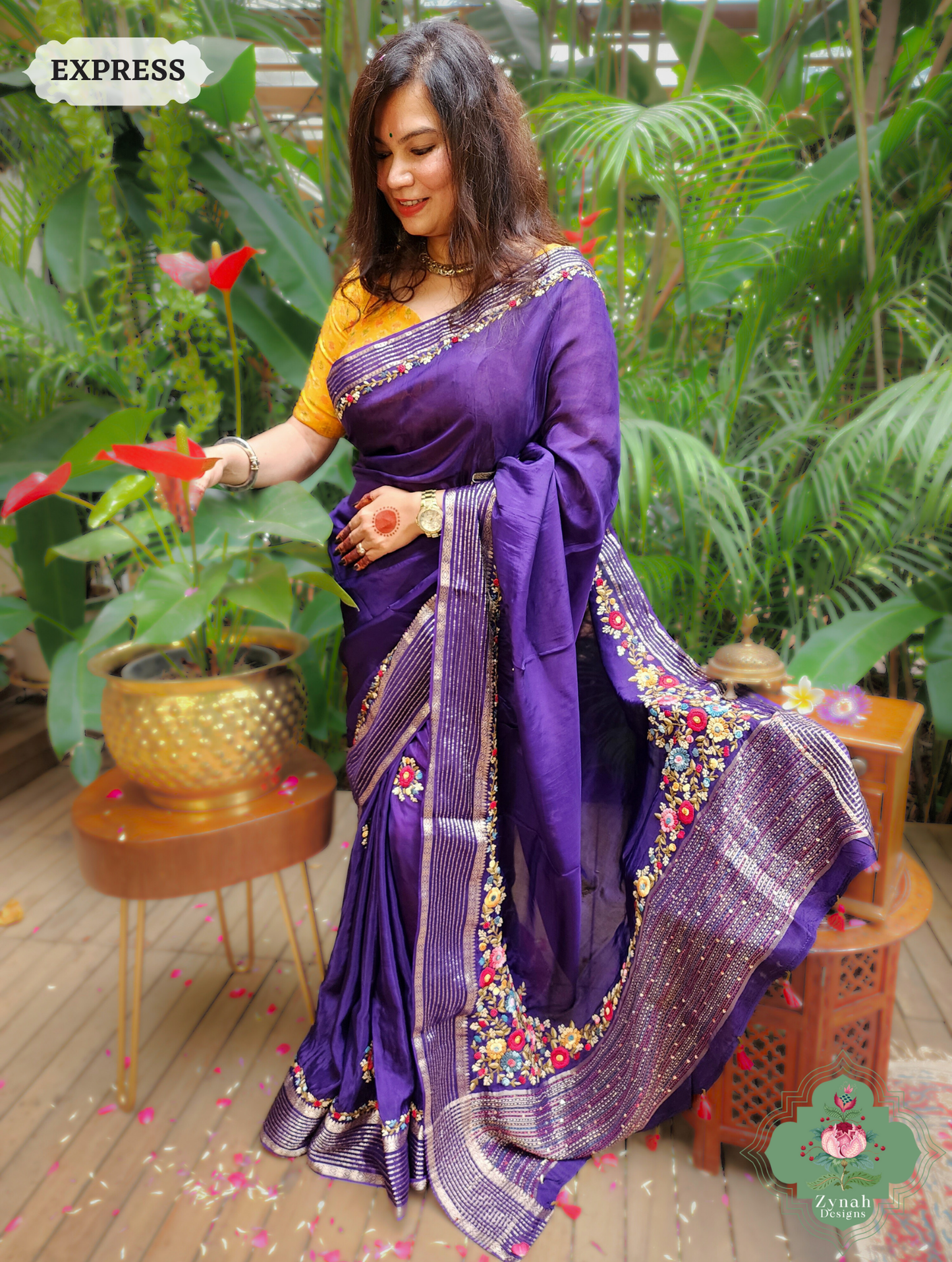 Aubergine Organza Crepe Silk Saree With Zari Borders & Stripes & French Knot Hand Embroidery 6