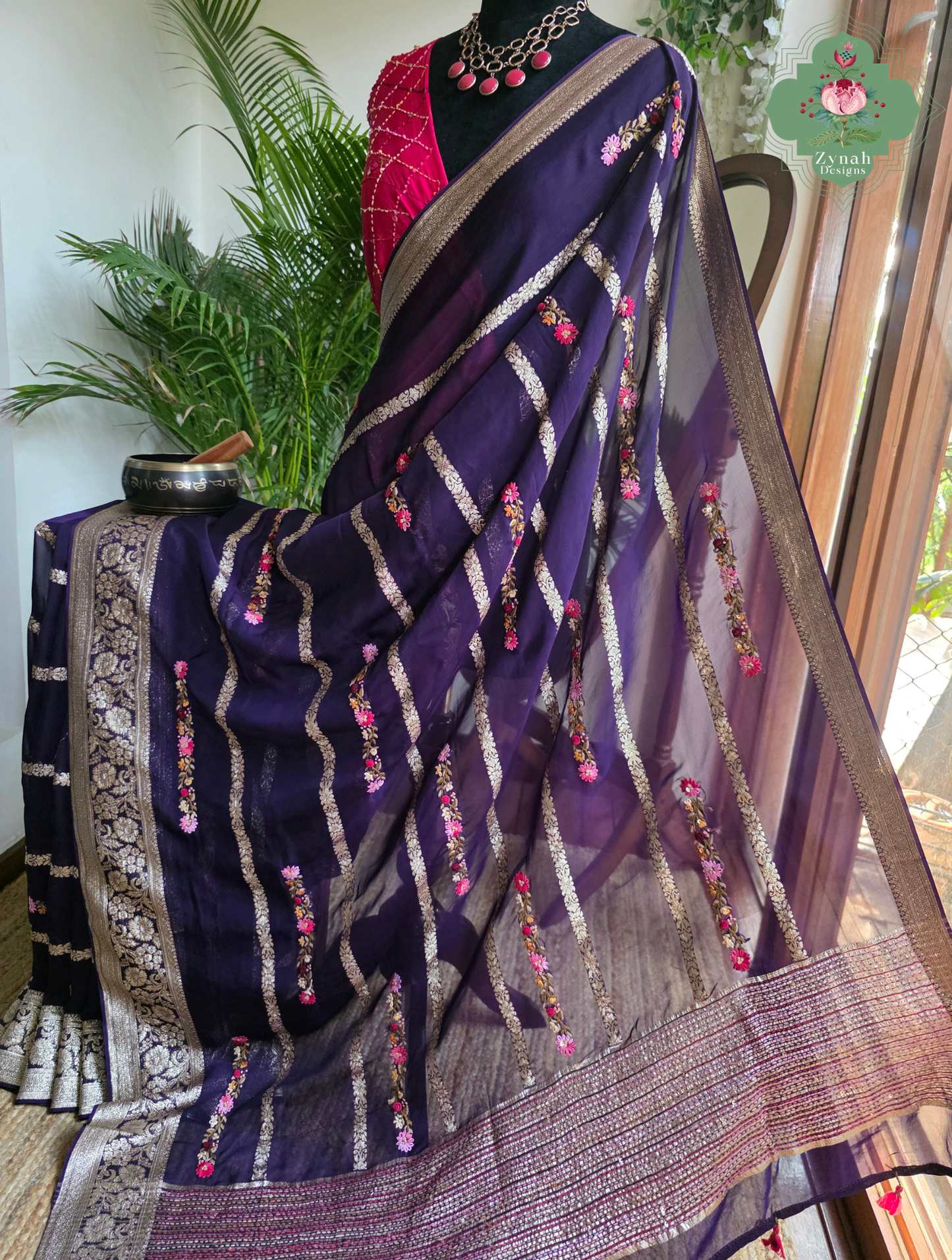 Zynah Aubergine Rêverie – Aubergine Organza Crepe Silk Saree with Zari Borders, Stripes & French Knot Hand Embroidery