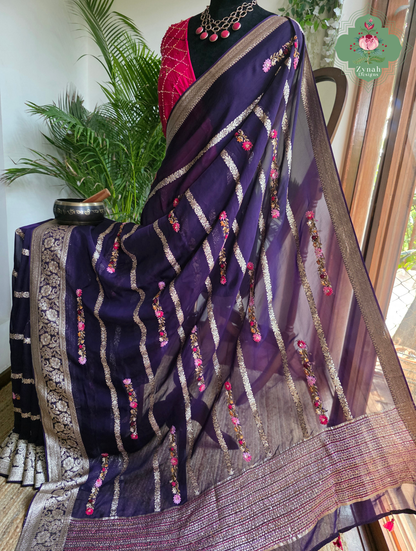 Zynah Aubergine Rêverie – Aubergine Organza Crepe Silk Saree with Zari Borders, Stripes & French Knot Hand Embroidery