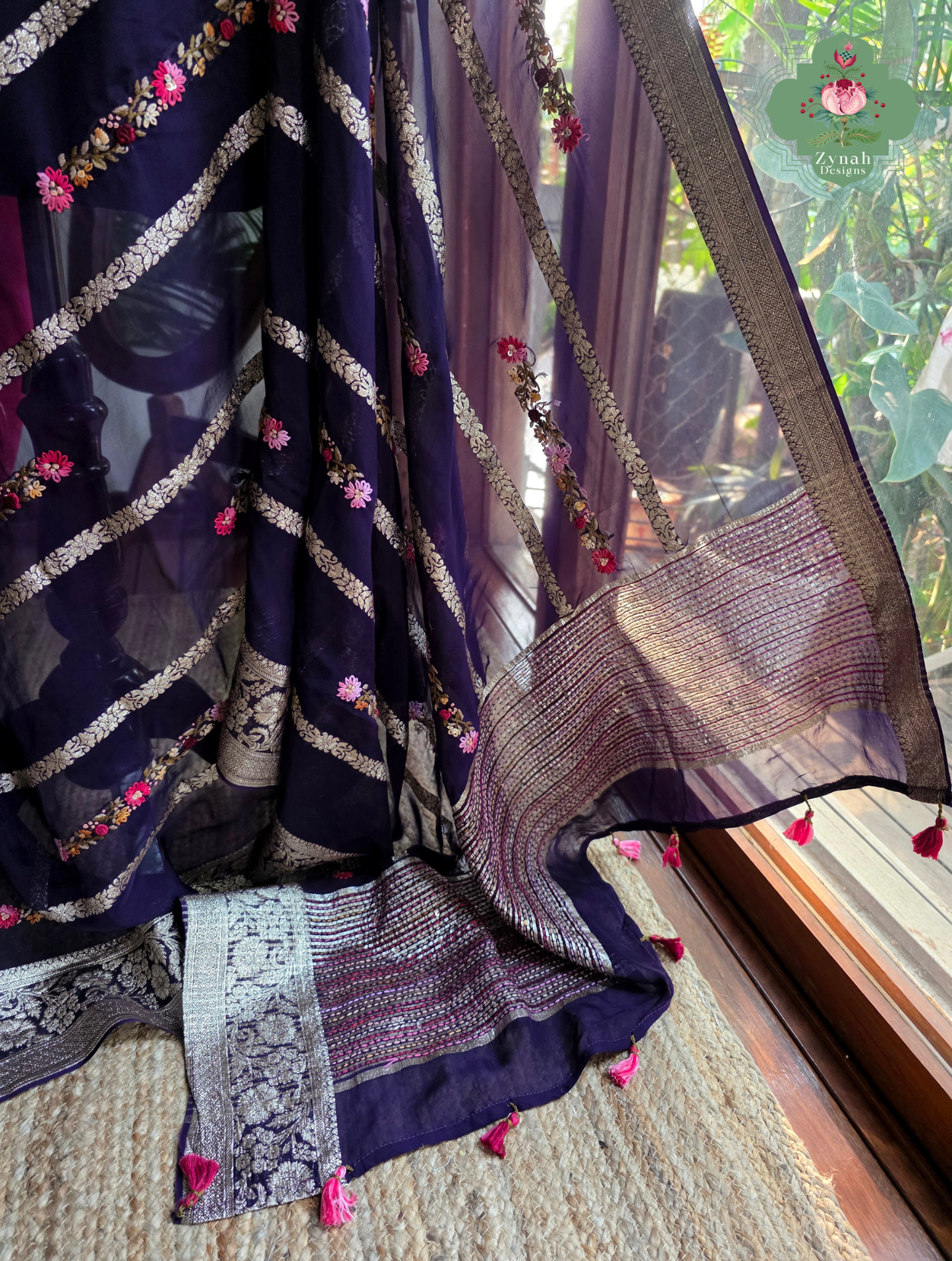 Zynah Aubergine Rêverie – Aubergine Organza Crepe Silk Saree with Zari Borders, Stripes & French Knot Hand Embroidery