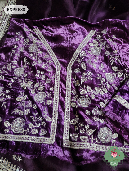 Zynah Aubergine Organza Silk Saree With Silver Cutdana Hand Embellishments; Custom Stitched/Ready-made Blouse, Fall, Petticoat; SKU: 2711202402