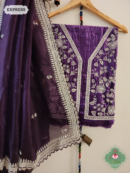 Zynah Aubergine Organza Silk Saree With Silver Cutdana Hand Embellishments; Custom Stitched/Ready-made Blouse, Fall, Petticoat; SKU: 2711202402