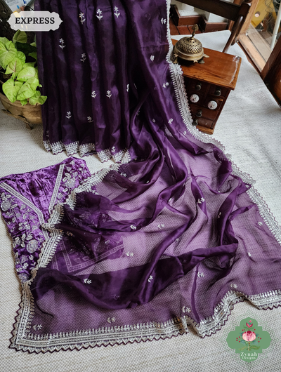 Zynah Aubergine Organza Silk Saree With Silver Cutdana Hand Embellishments; Custom Stitched/Ready-made Blouse, Fall, Petticoat; SKU: 2711202402