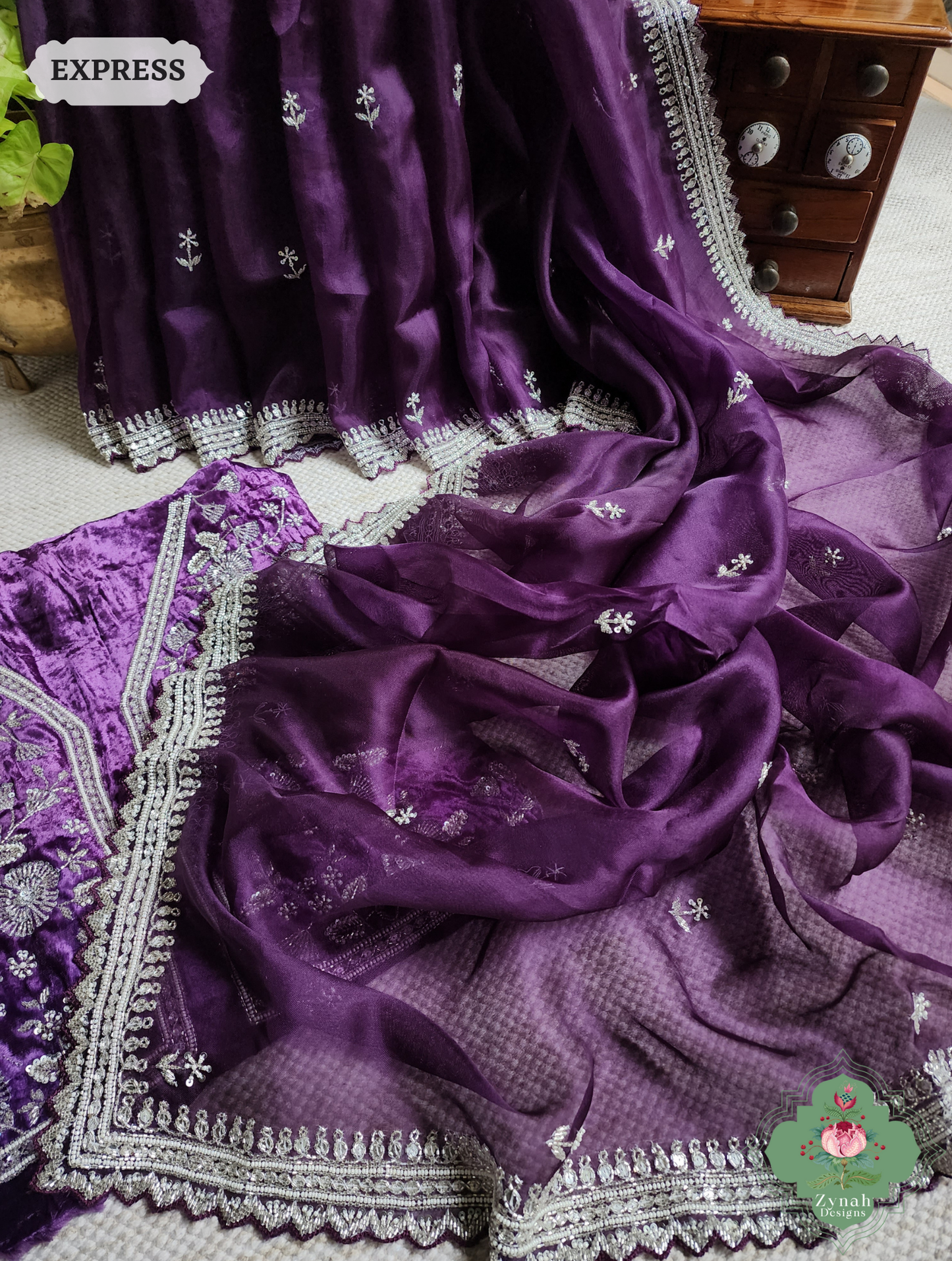 Zynah Aubergine Organza Silk Saree With Silver Cutdana Hand Embellishments; Custom Stitched/Ready-made Blouse, Fall, Petticoat; SKU: 2711202402