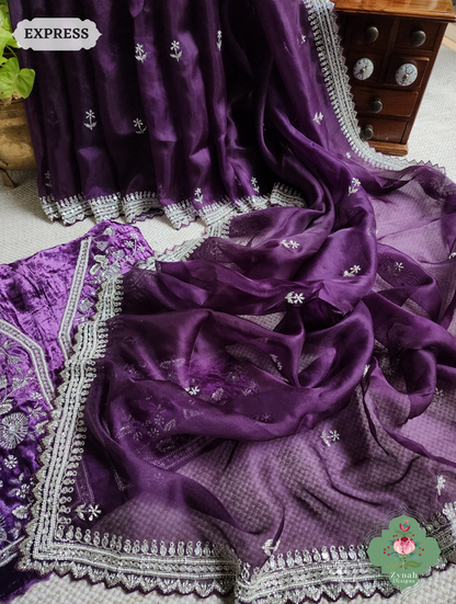 Zynah Aubergine Organza Silk Saree With Silver Cutdana Hand Embellishments; Custom Stitched/Ready-made Blouse, Fall, Petticoat; SKU: 2711202402
