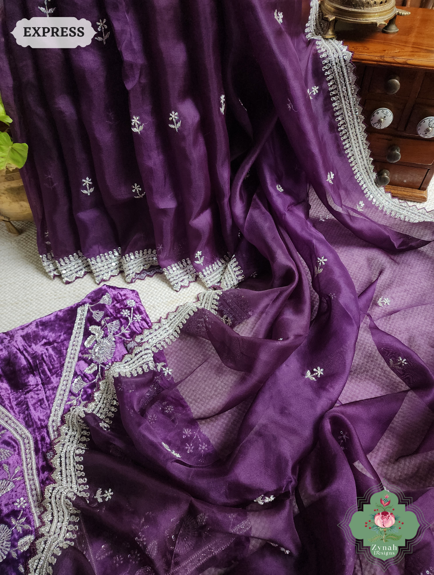 Zynah Aubergine Organza Silk Saree With Silver Cutdana Hand Embellishments; Custom Stitched/Ready-made Blouse, Fall, Petticoat; SKU: 2711202402