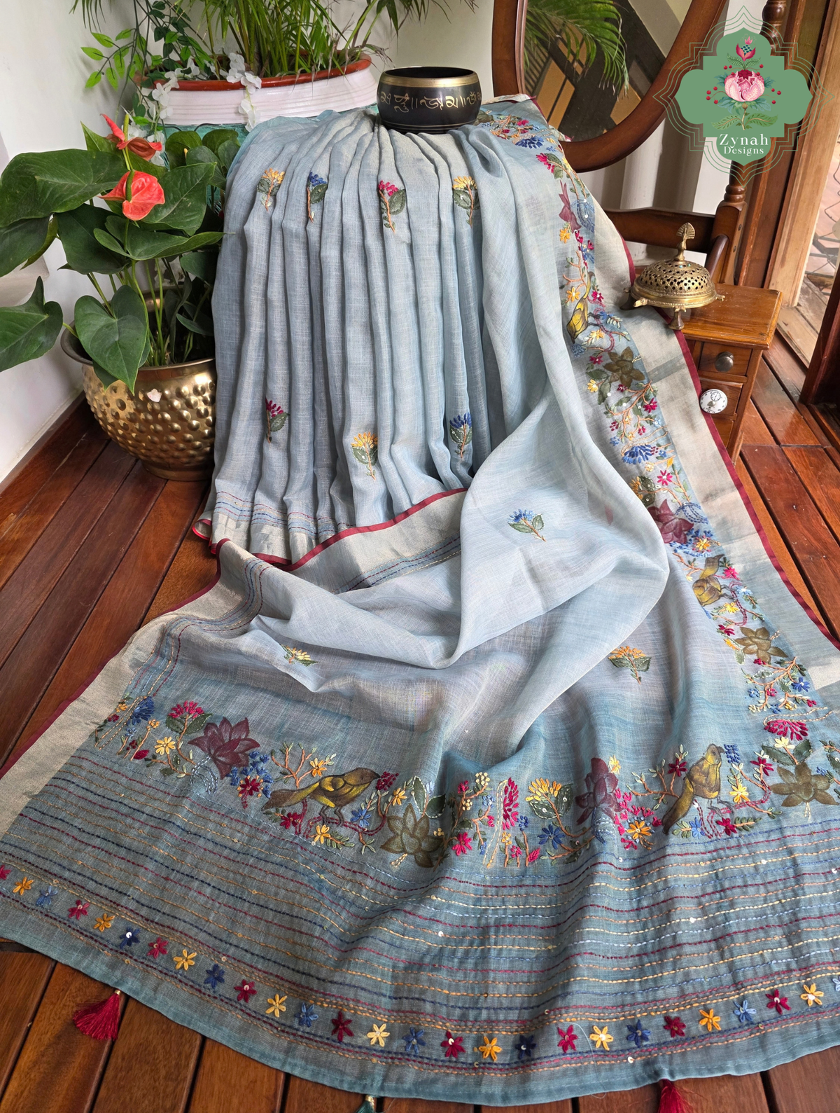 Ayra| Hand Painted Dusty Blue Linen Tissue Saree With Hand Embroidery