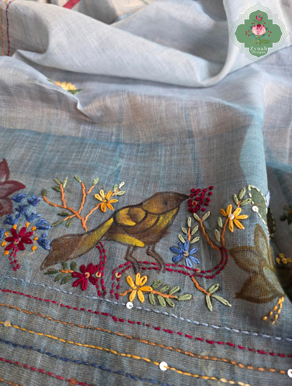 Ayra| Hand Painted Dusty Blue Linen Tissue Saree With Hand Embroidery