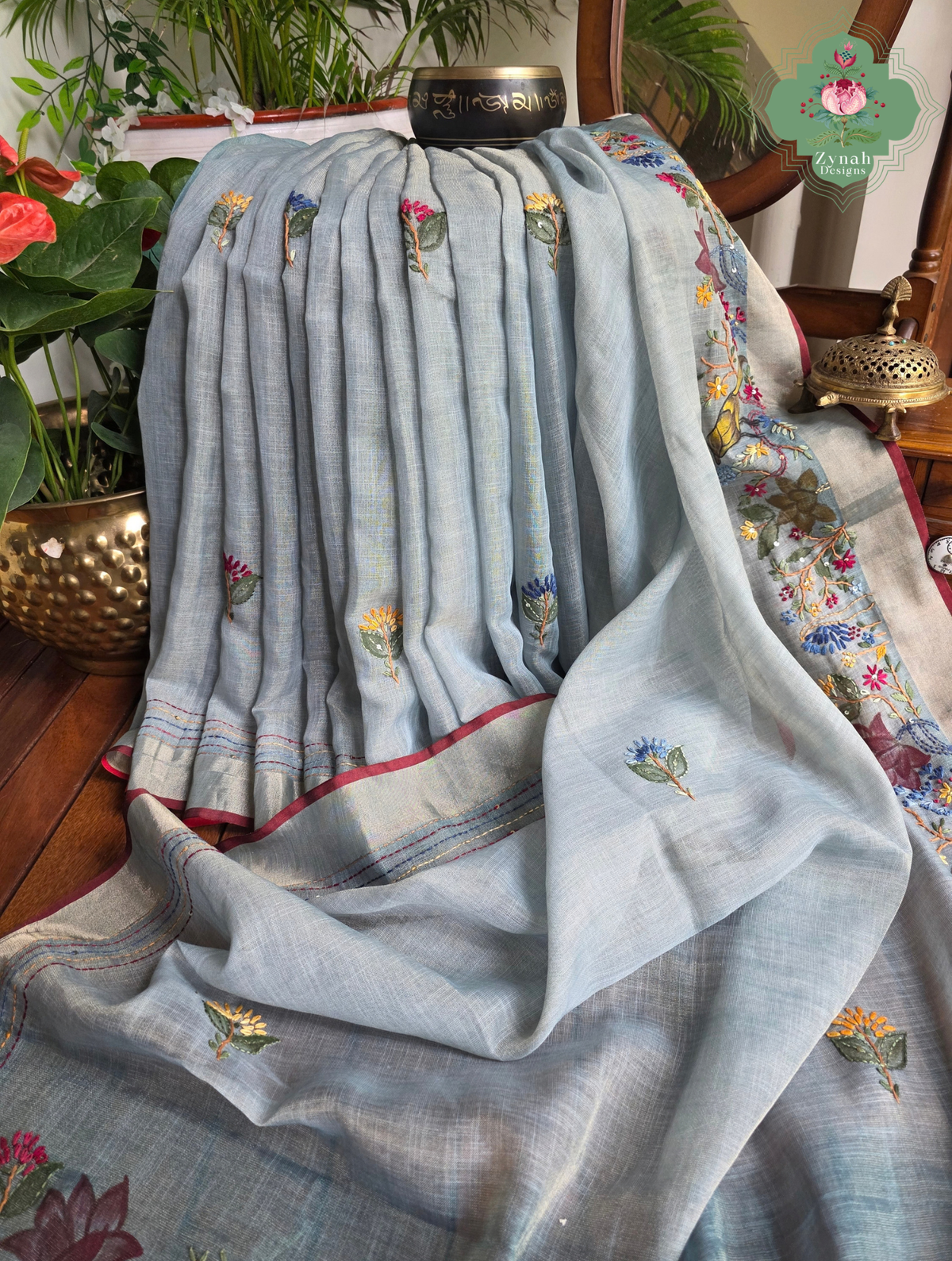 Ayra| Hand Painted Dusty Blue Linen Tissue Saree With Hand Embroidery