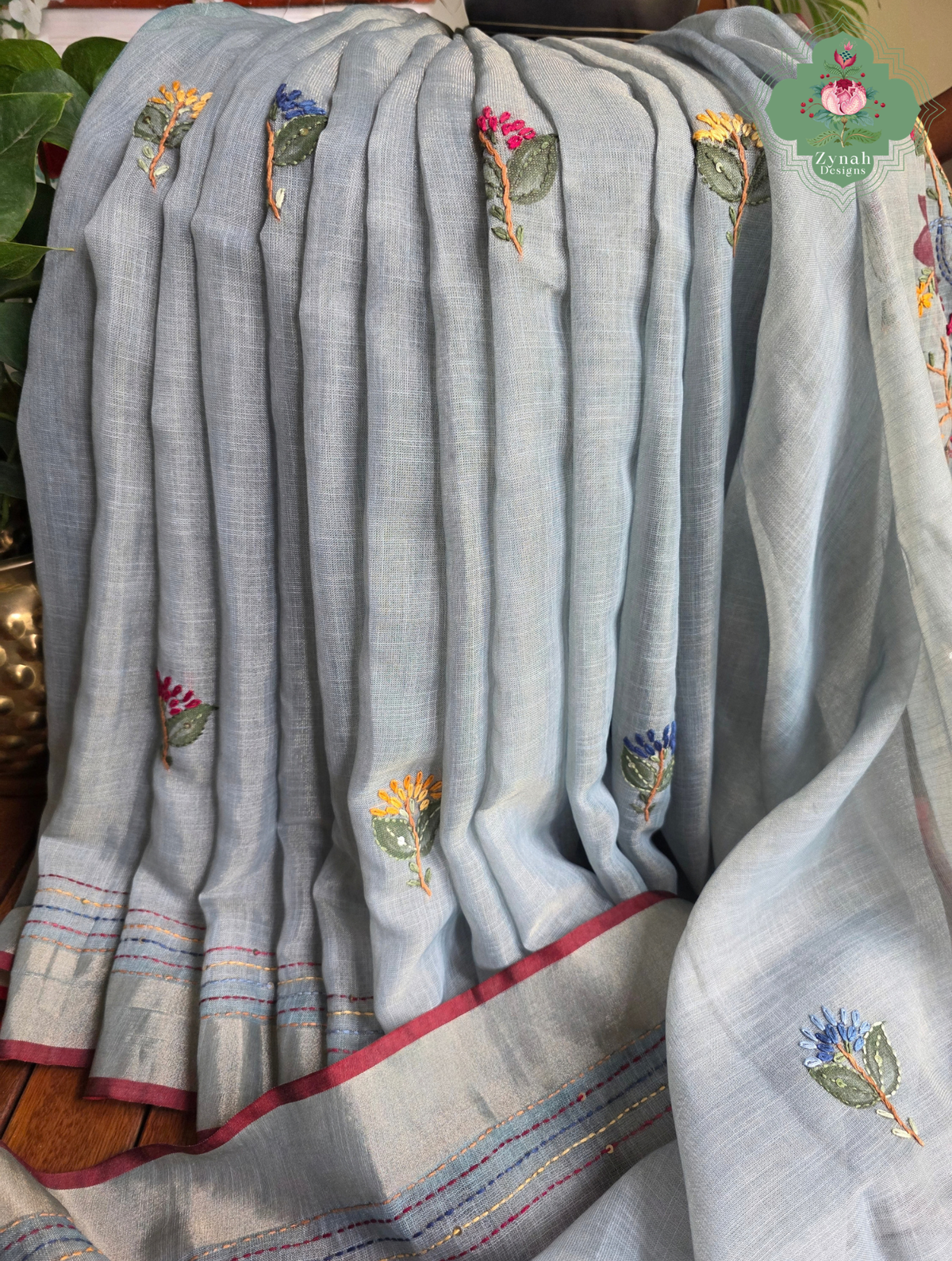 Ayra| Hand Painted Dusty Blue Linen Tissue Saree With Hand Embroidery
