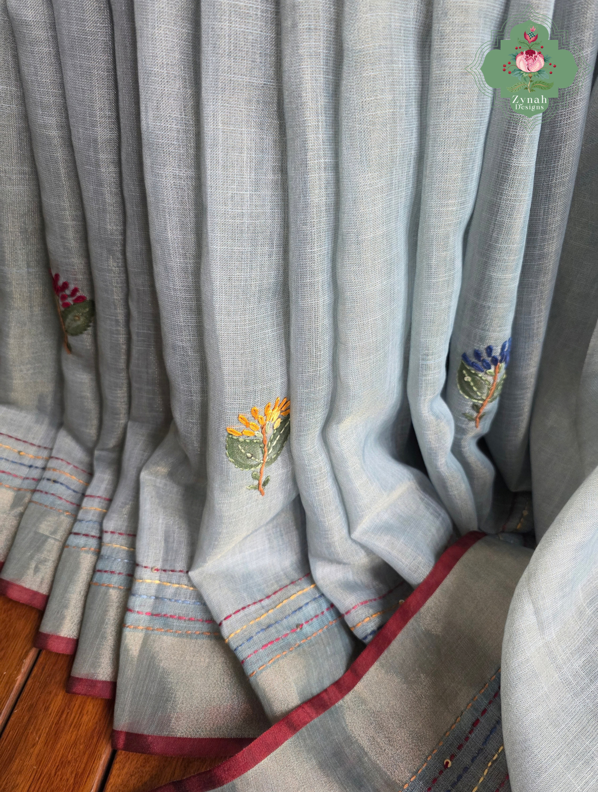 Ayra| Hand Painted Dusty Blue Linen Tissue Saree With Hand Embroidery