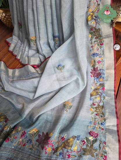 Ayra| Hand Painted Dusty Blue Linen Tissue Saree With Hand Embroidery