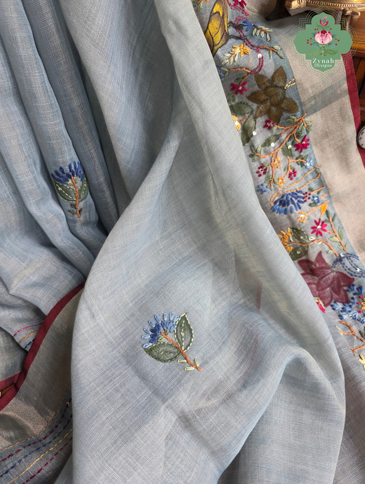 Ayra| Hand Painted Dusty Blue Linen Tissue Saree With Hand Embroidery