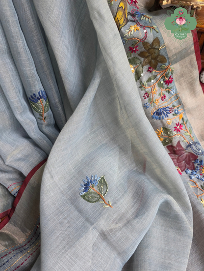 Ayra| Hand Painted Dusty Blue Linen Tissue Saree With Hand Embroidery
