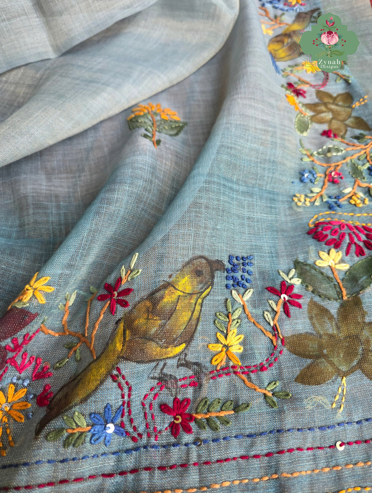 Ayra| Hand Painted Dusty Blue Linen Tissue Saree With Hand Embroidery